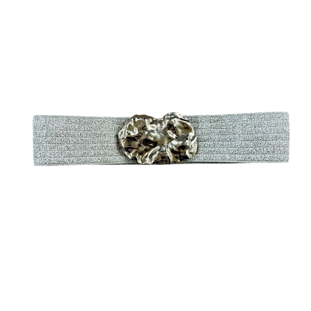 Vintage Silver Elastic Glam Belt with Hammered Metal Buckle XS Waist